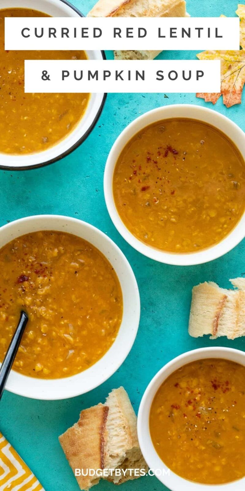 Four bowls of curried red lentil and pumpkin soup, title text at the top