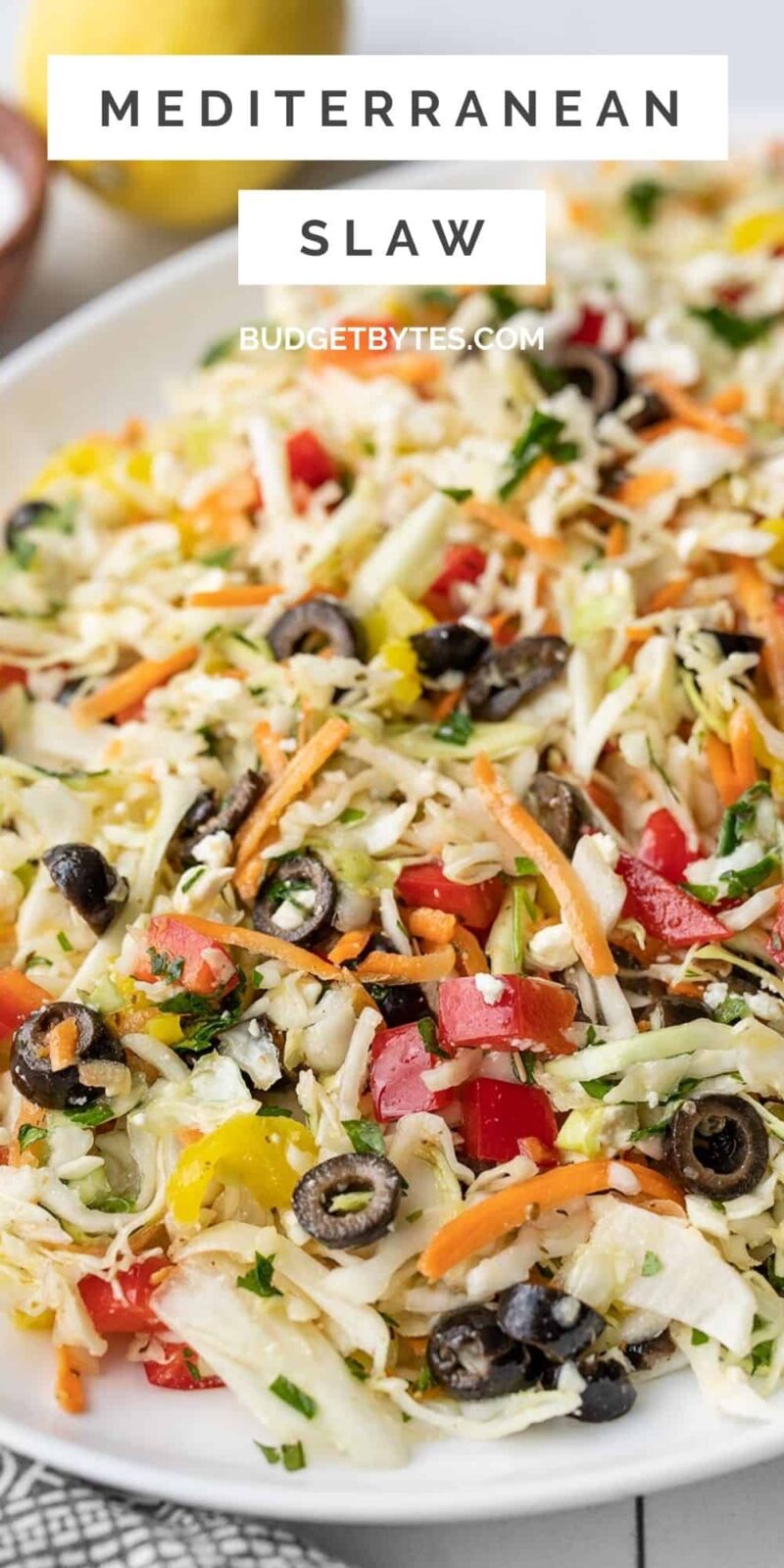 close up of mediterranean coleslaw with title text at the top