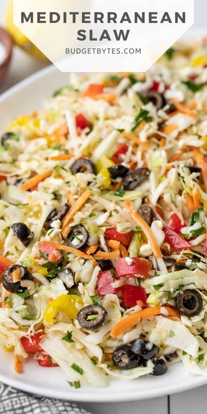 close up of mediterranean coleslaw with title text at the top