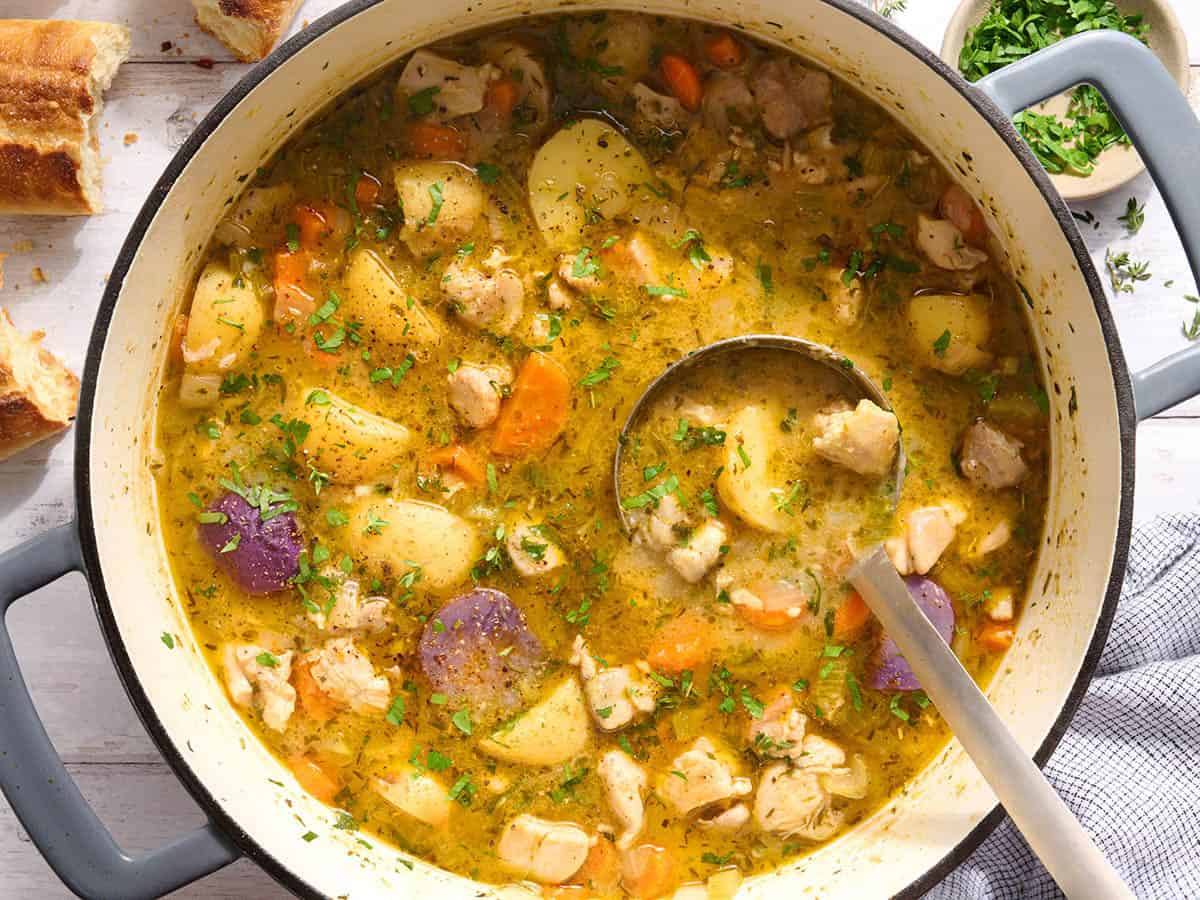 Overhead view of chicken stew in a pot with a spoon.