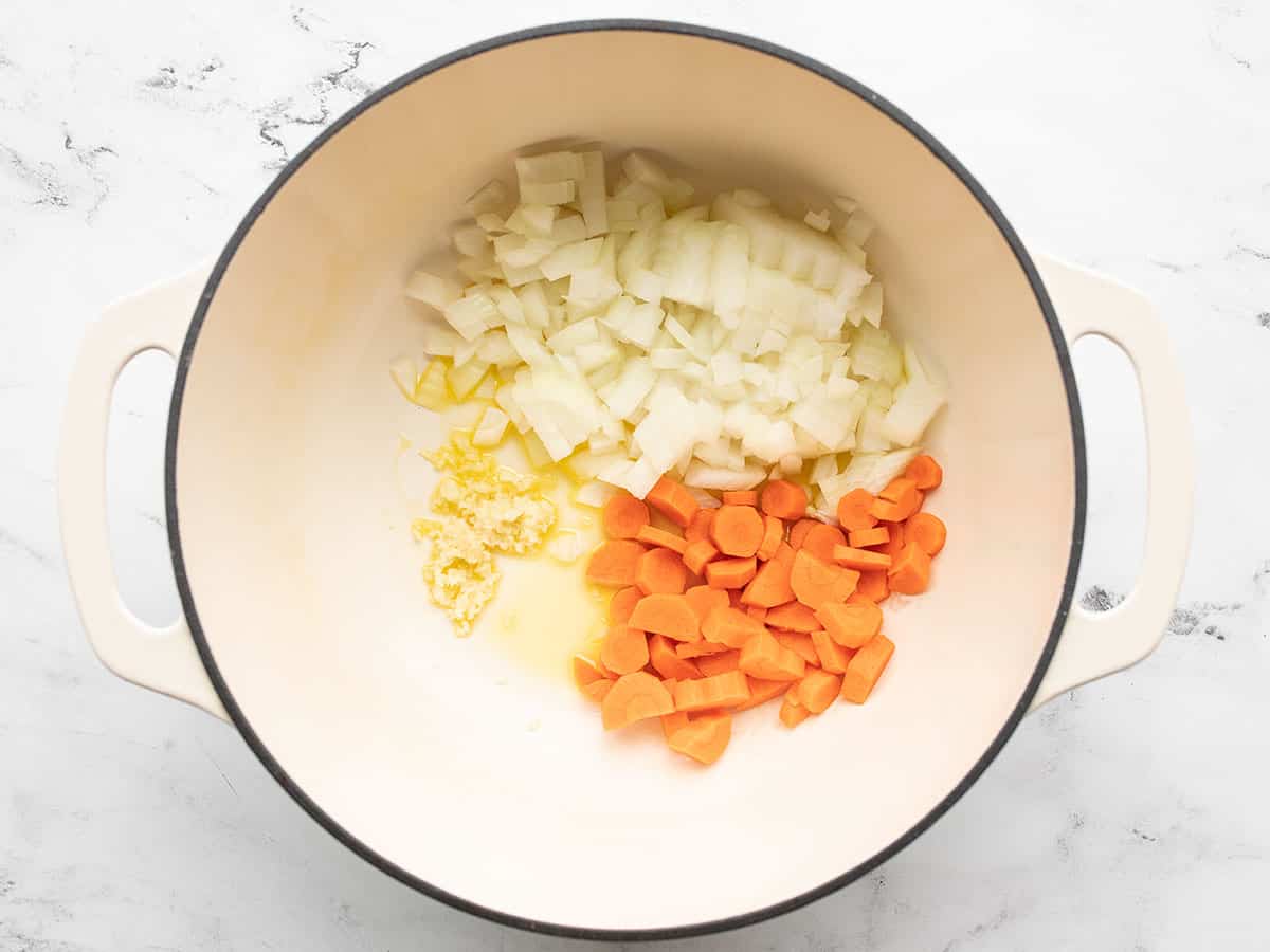 Onion carrot and garlic in the pot