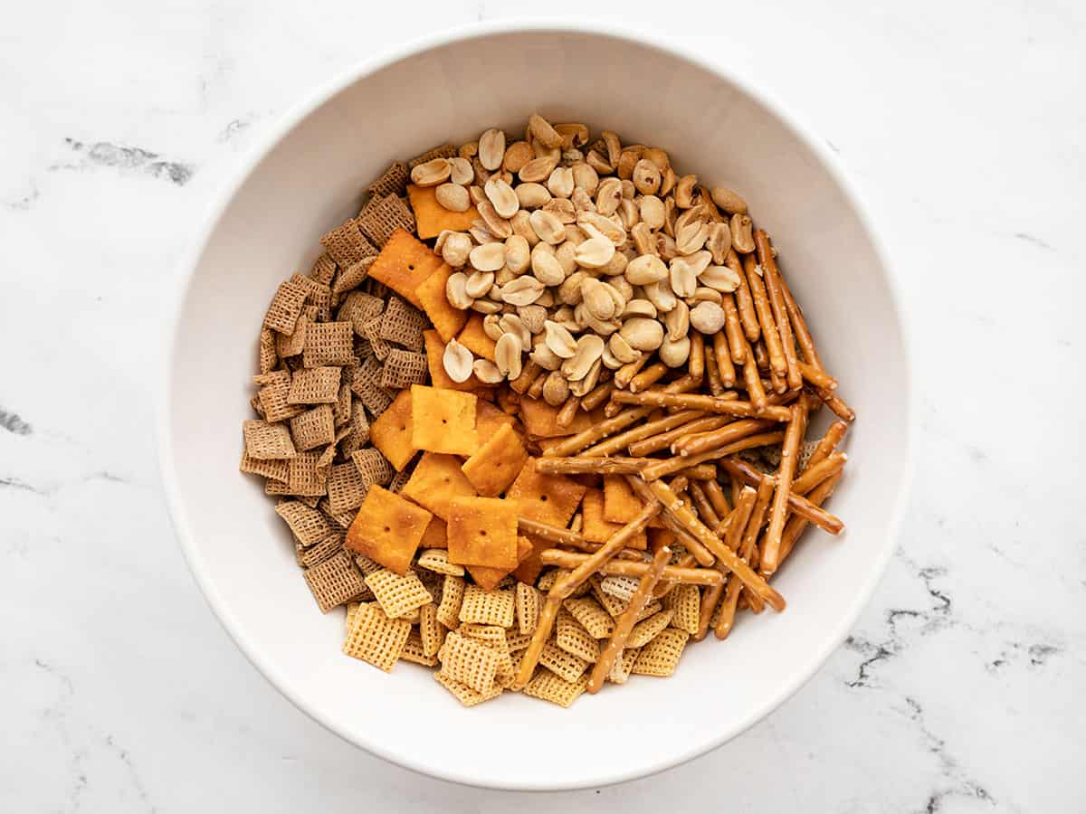 chex mix dry ingredients in a bowl