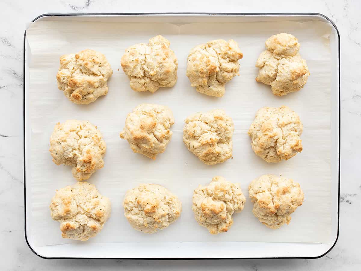 baked drop biscuits on a baking sheet