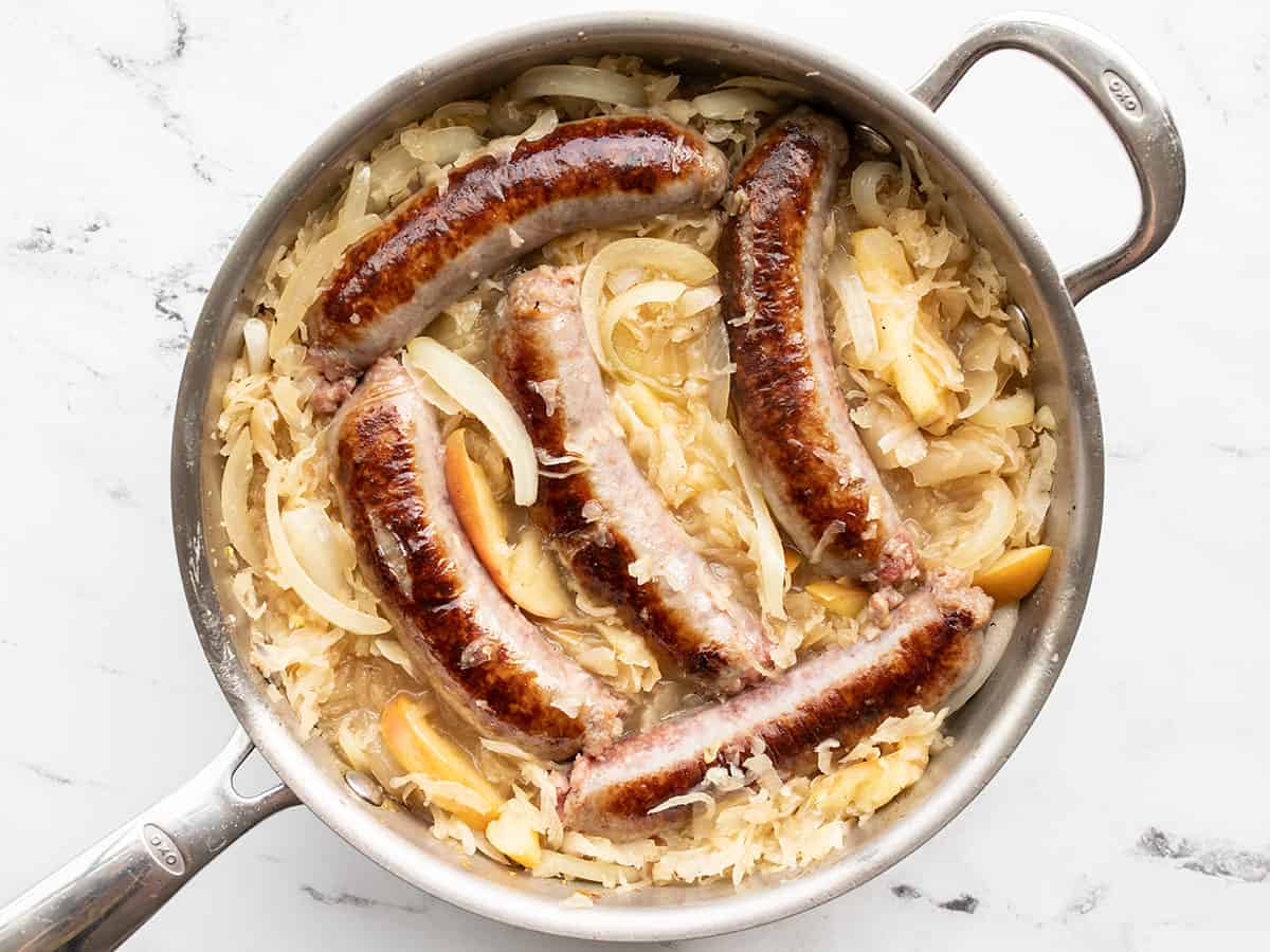 bratwurst added back to the skillet