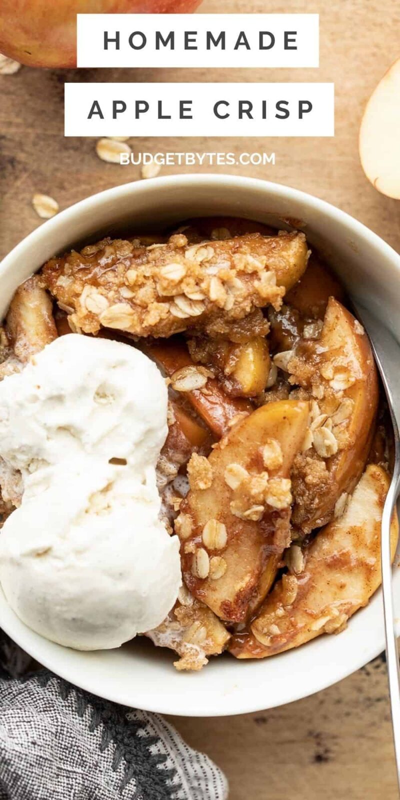 close up of apple crisp in a bowl, title text at the top