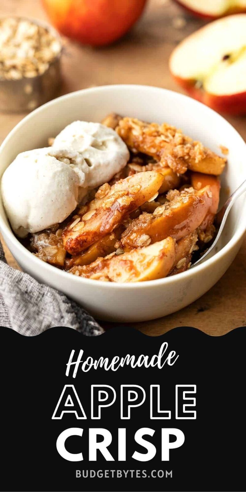 Side view of apple crisp in a bowl with ice cream, title text at the bottom