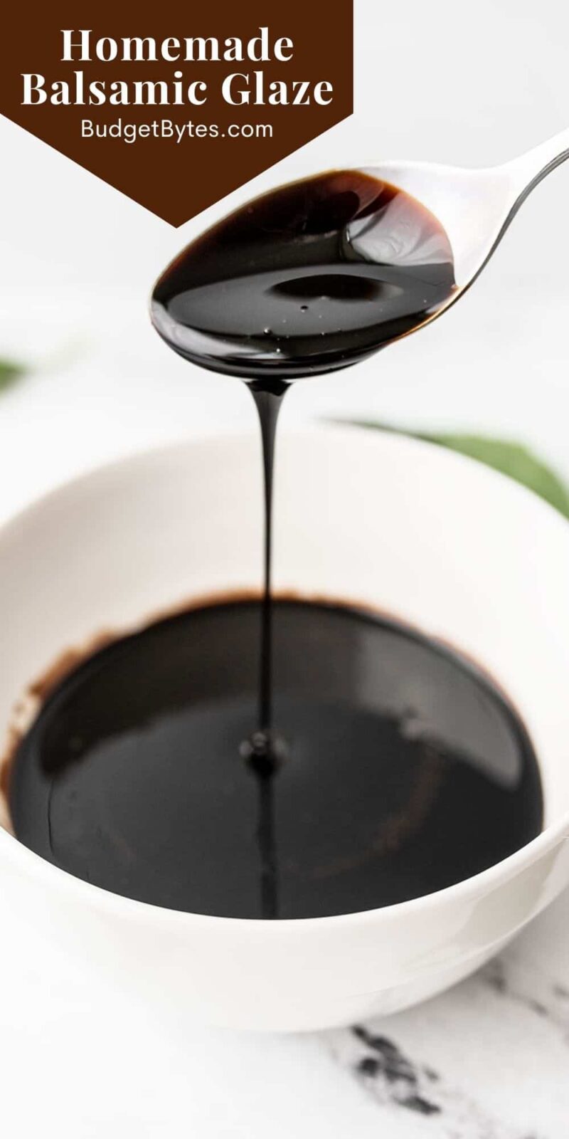 balsamic glaze dripping off a spoon in to a bowl, title text at the top
