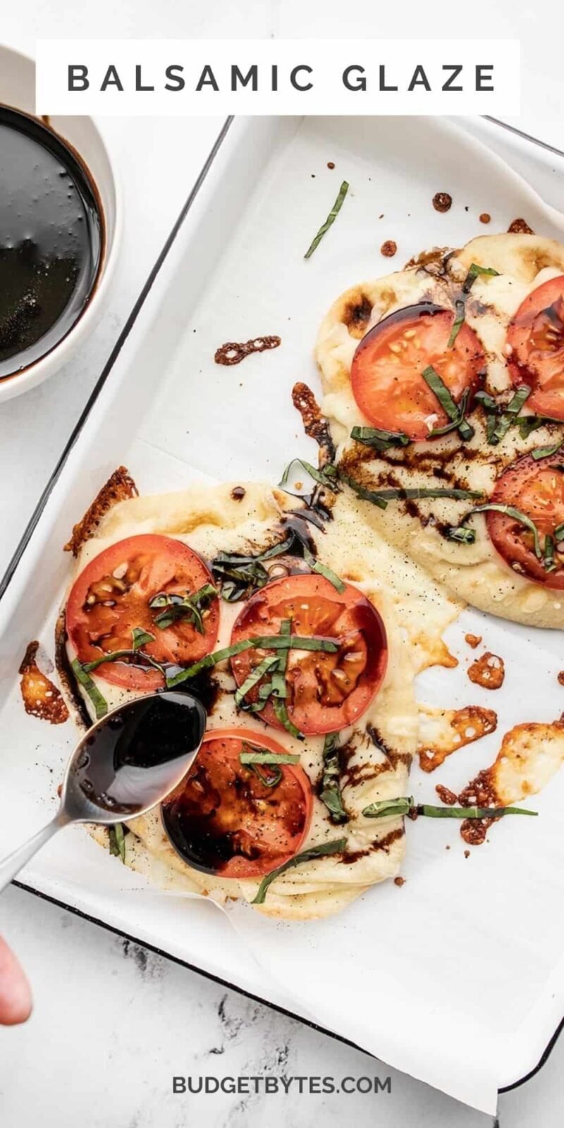 balsamic glaze being drizzled onto pizza, title text at the top