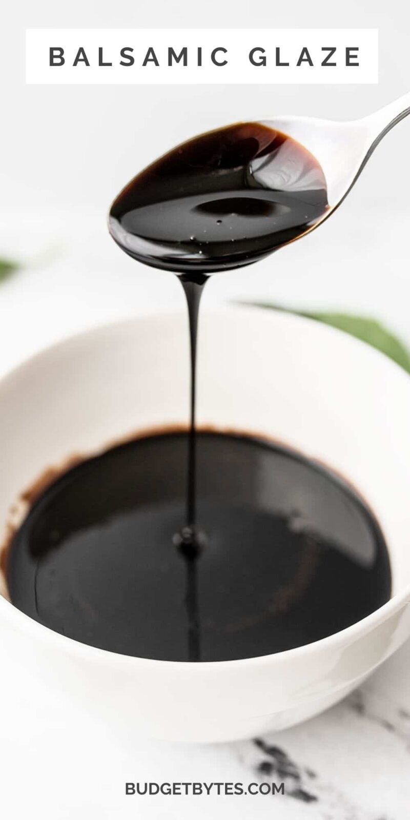 balsamic glaze dripping off a spoon into a bowl, title text at the top