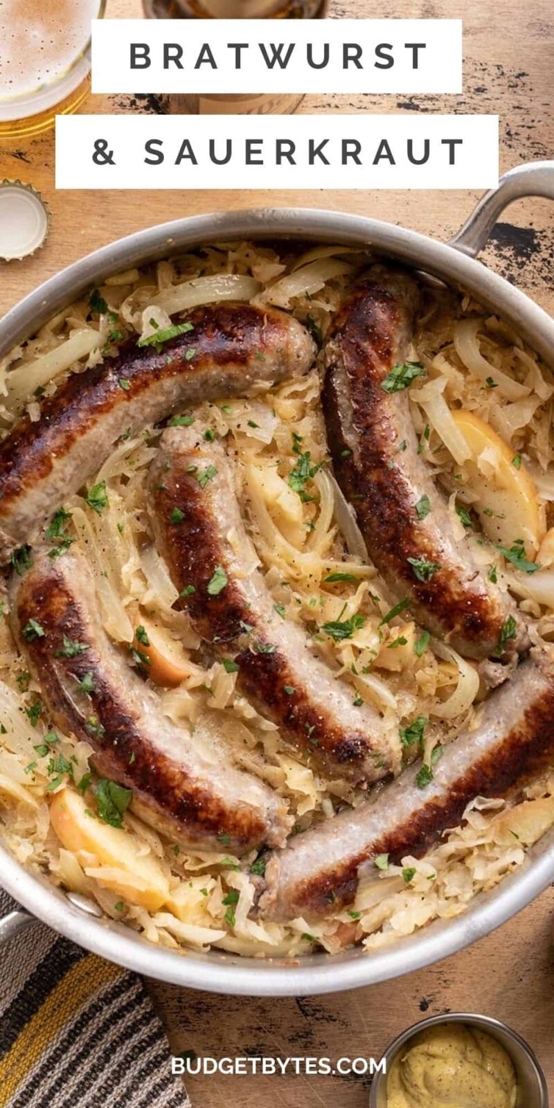 bratwurst and sauerkraut in a skillet, title text at the top