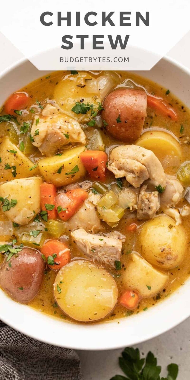 Close up of a bowl of chicken stew, title text at the top