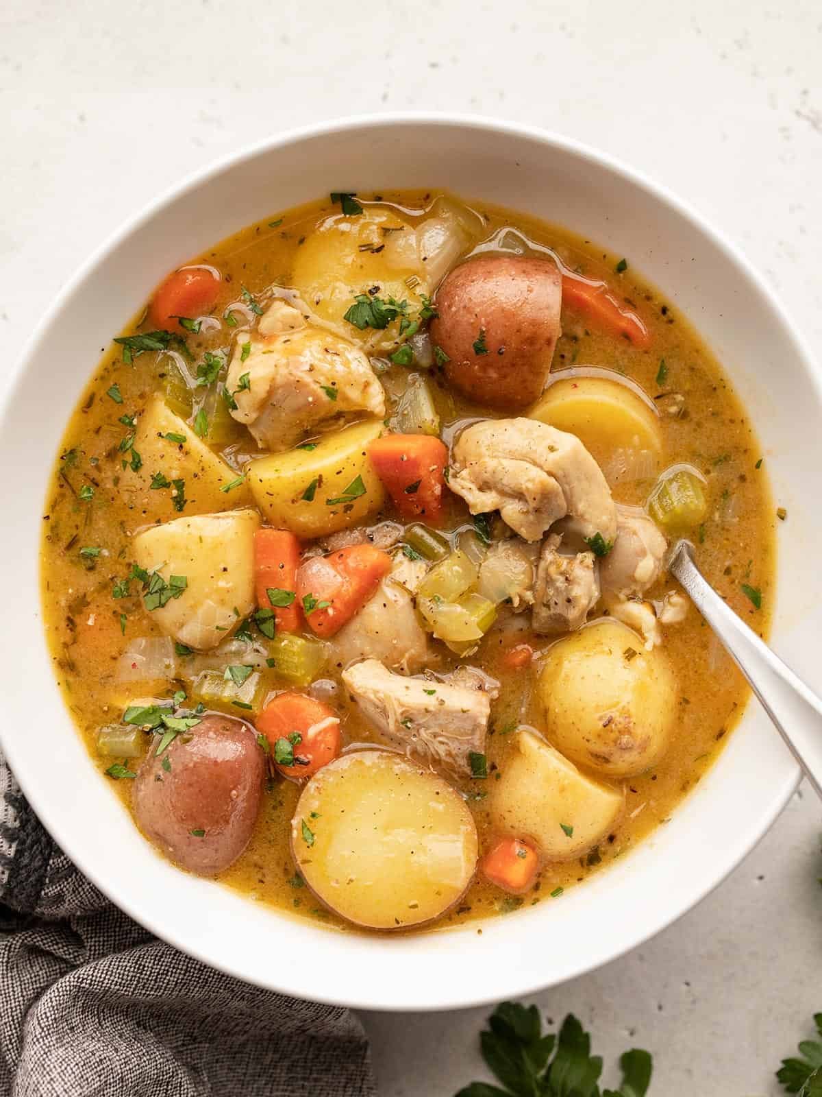 Close up overhead view of a bowl of chicken stew