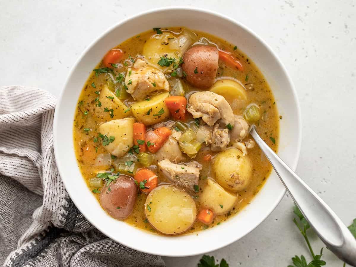 Overhead view of a bowl of chicken stew