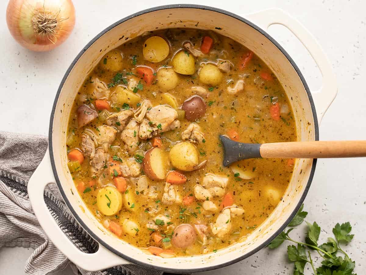 Overhead view of finished chicken stew in the pot