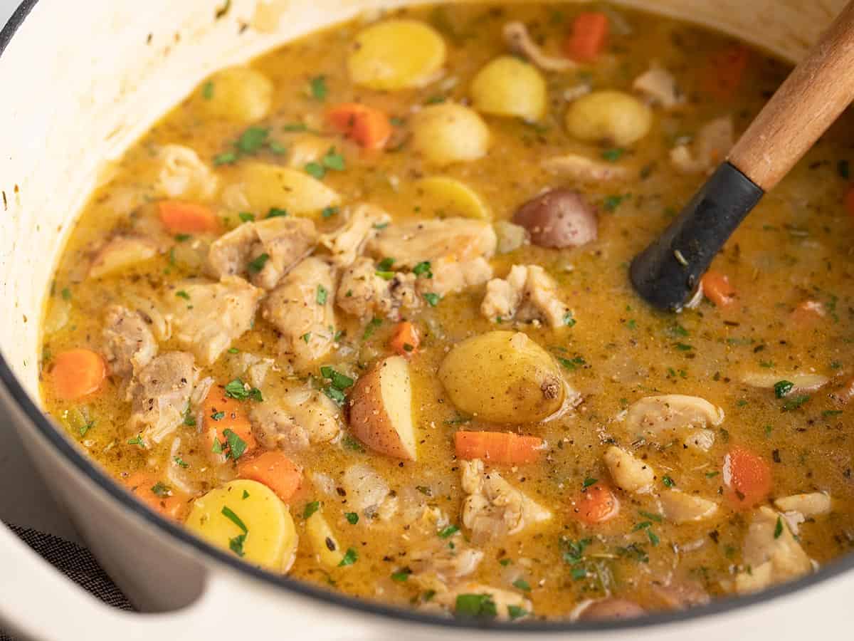Close up side view of chicken stew in the pot