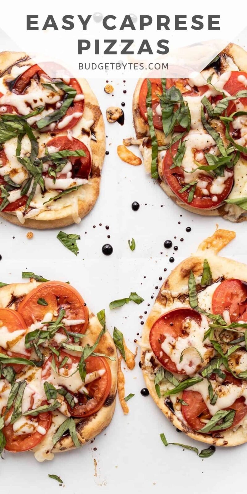 overhead view of four caprese pizzas, title text at the top