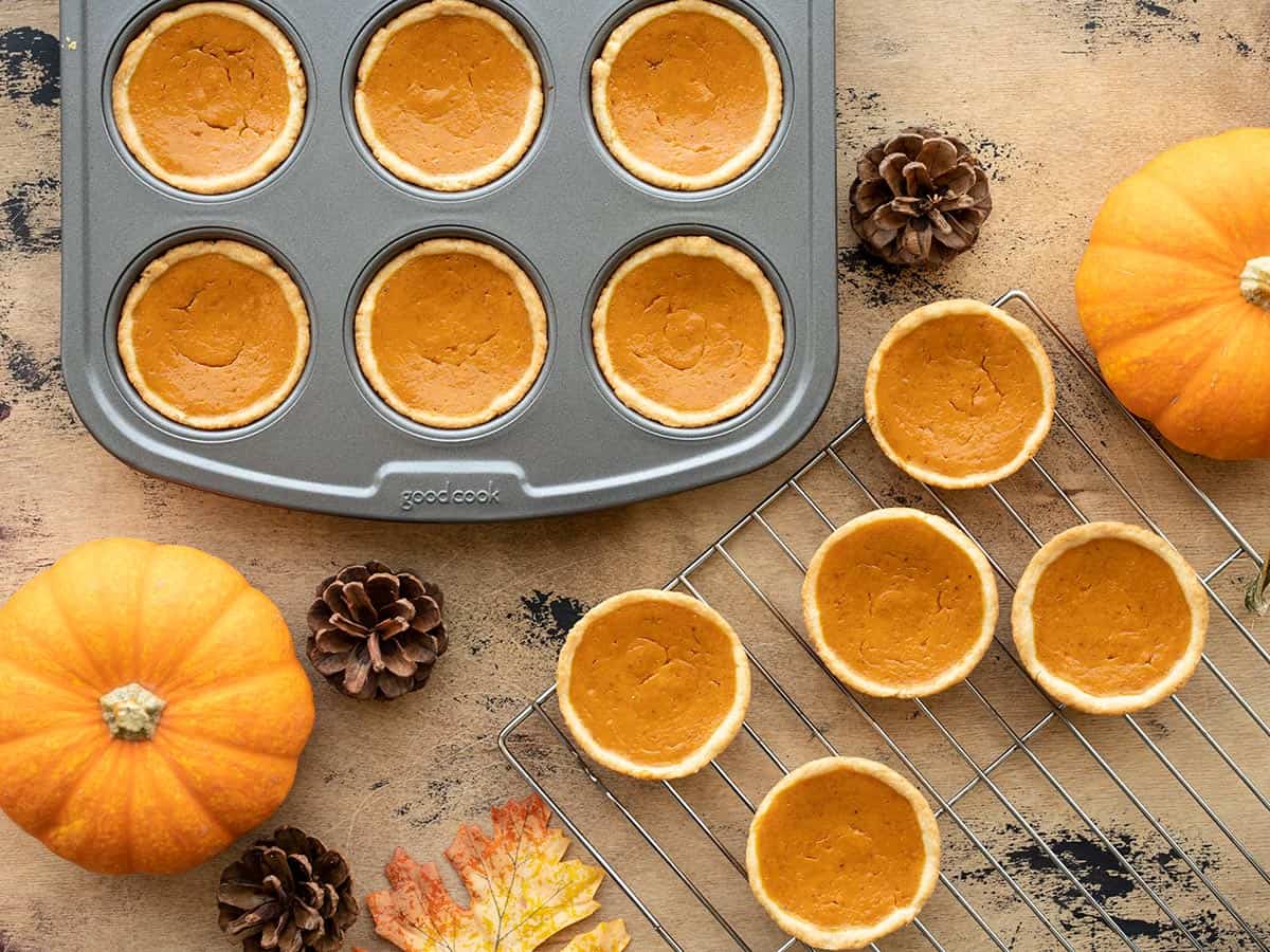 Mini Pumpkin Pies in the muffin tin and on the cooling rack