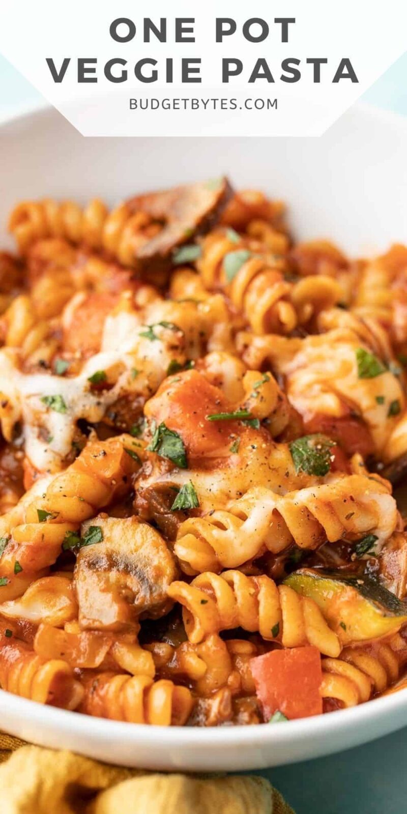 close up side view of a bowl of veggie pasta