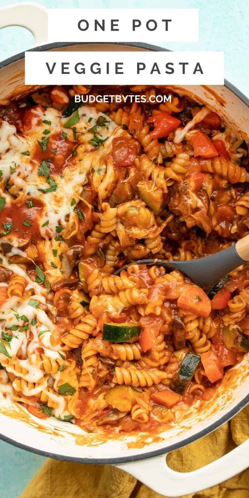 close up of a pot full of veggie pasta, title text at the top