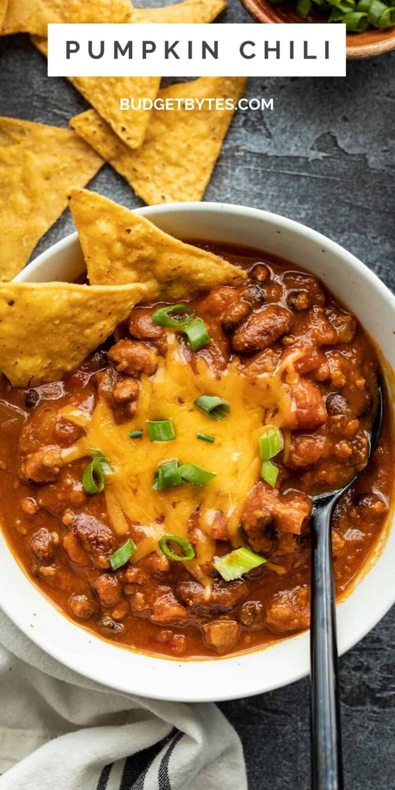 Overhead view of a bowl of pumpkin chili, title text at the top