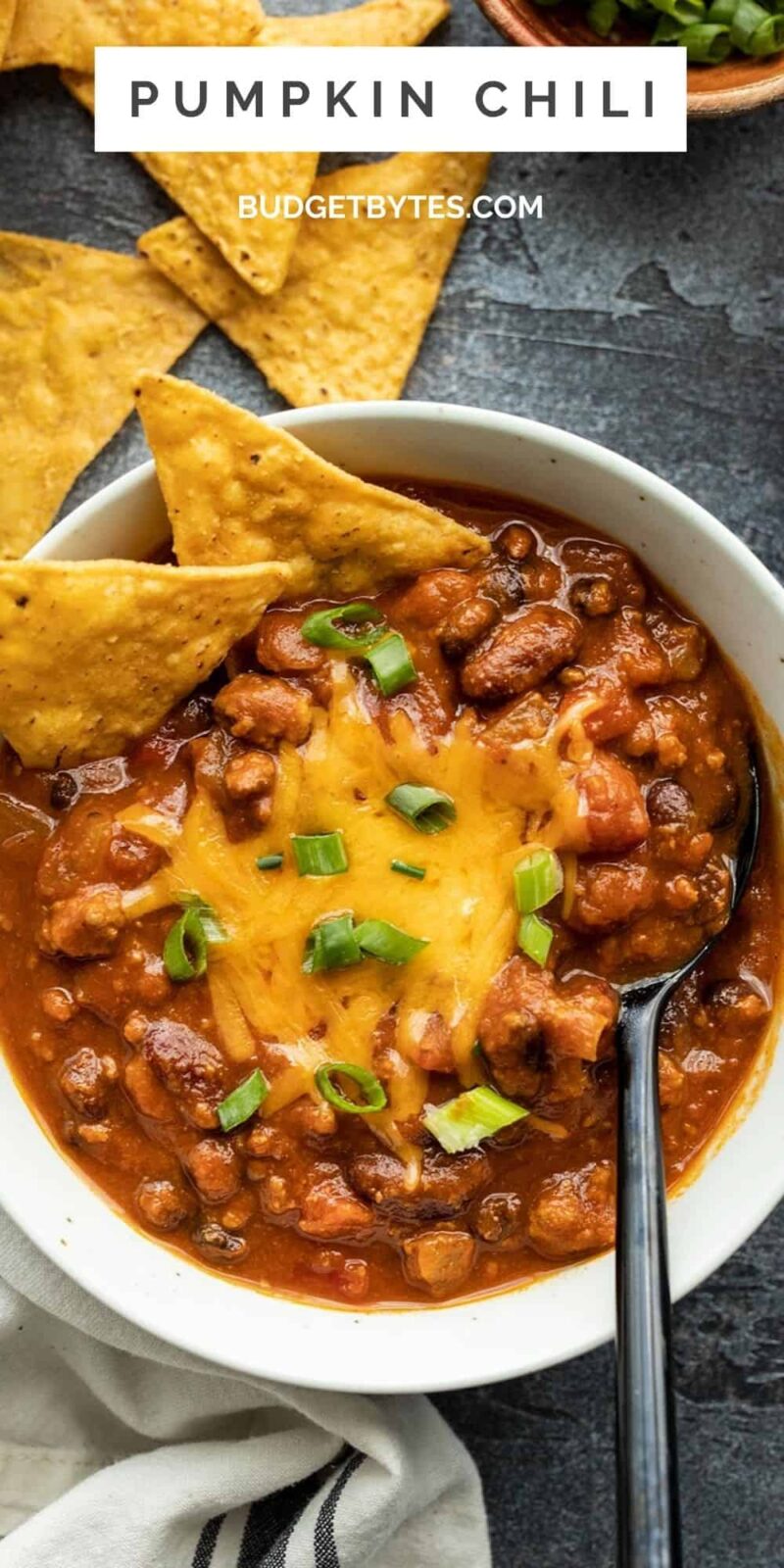 Overhead view of a bowl of pumpkin chili, title text at the top