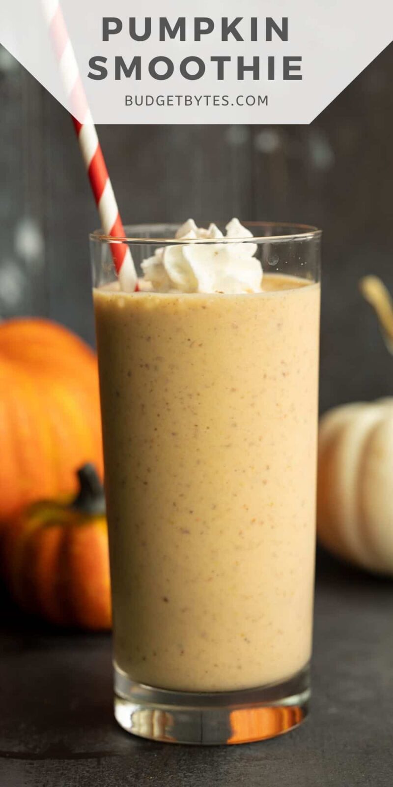 a tall glass full of pumpkin smoothie with whipped cream, title text at the top