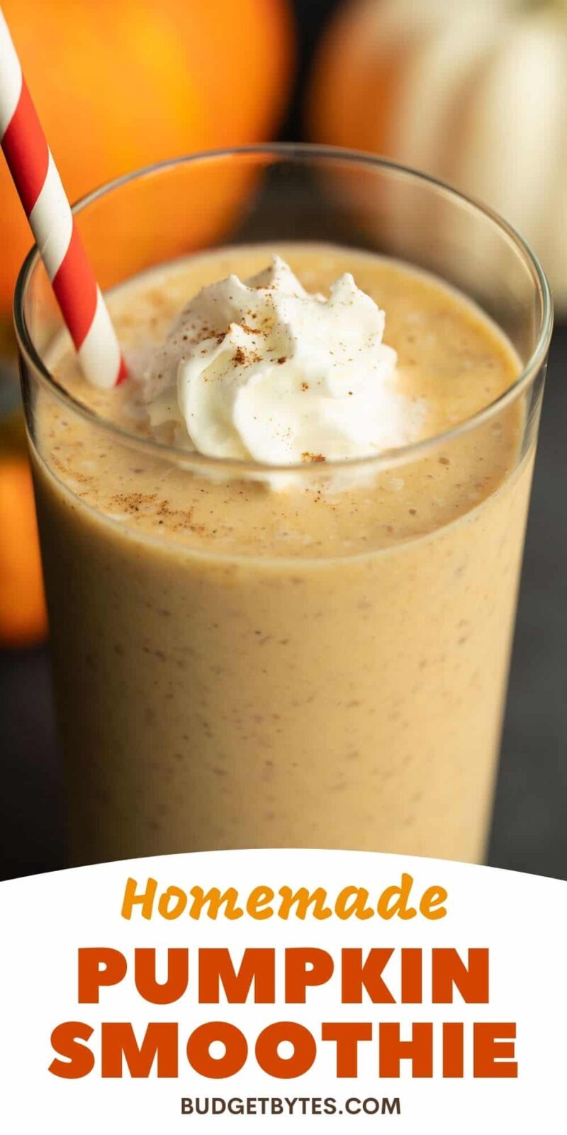 Close up of a pumpkin smoothie with whipped cream, title text at the bottom