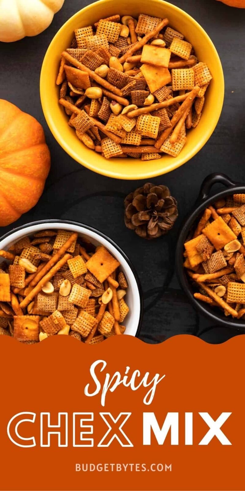 Spicy chex mix in three bowls, title text at the bottom