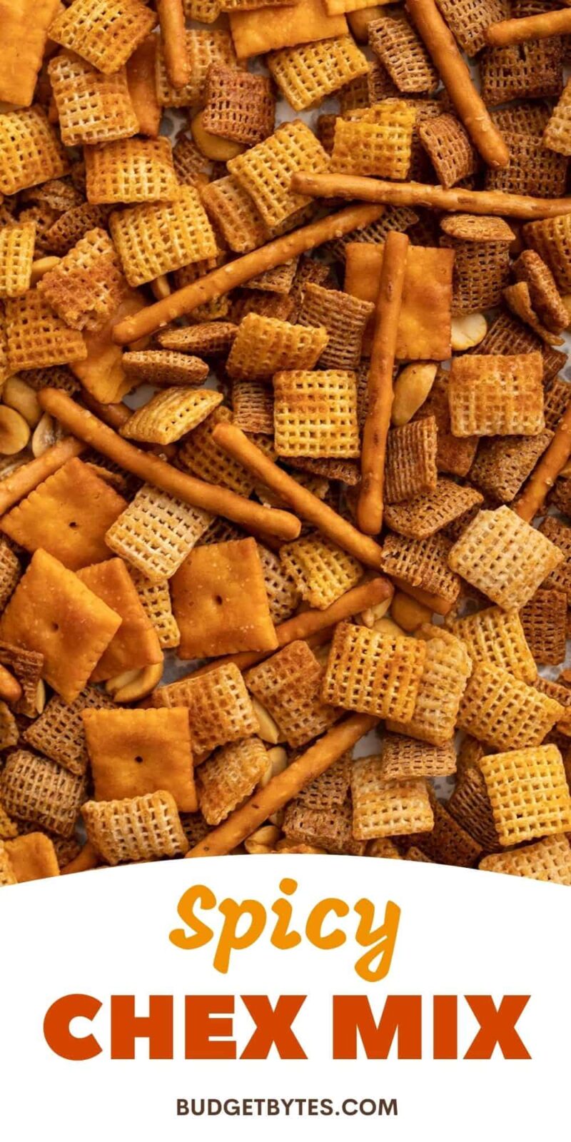 close up of spicy chex mix with title text at the bottom