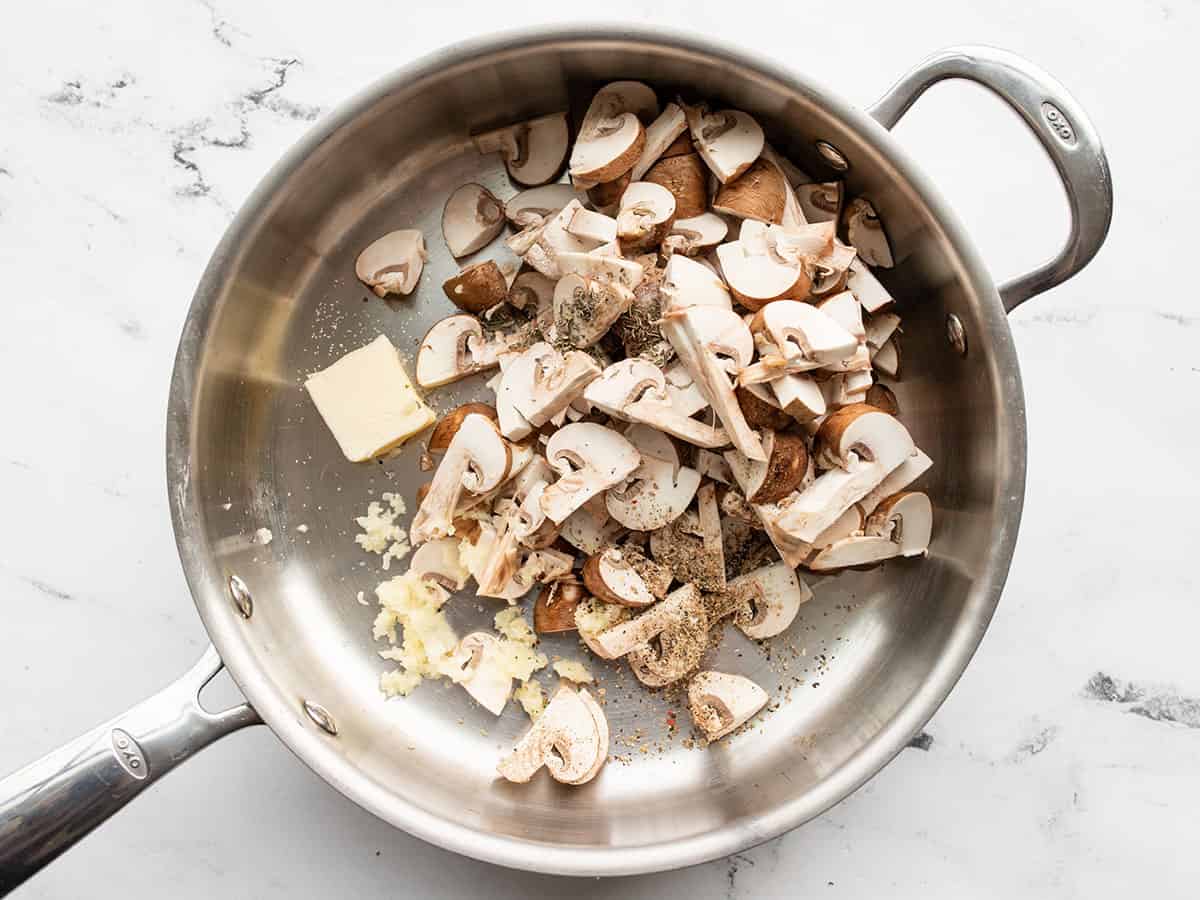 Mushrooms, garlic, and butter in a pan