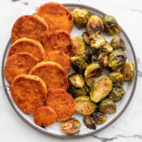 Candied Sweet Potatoes and Roasted Brussels Sprouts on a plate