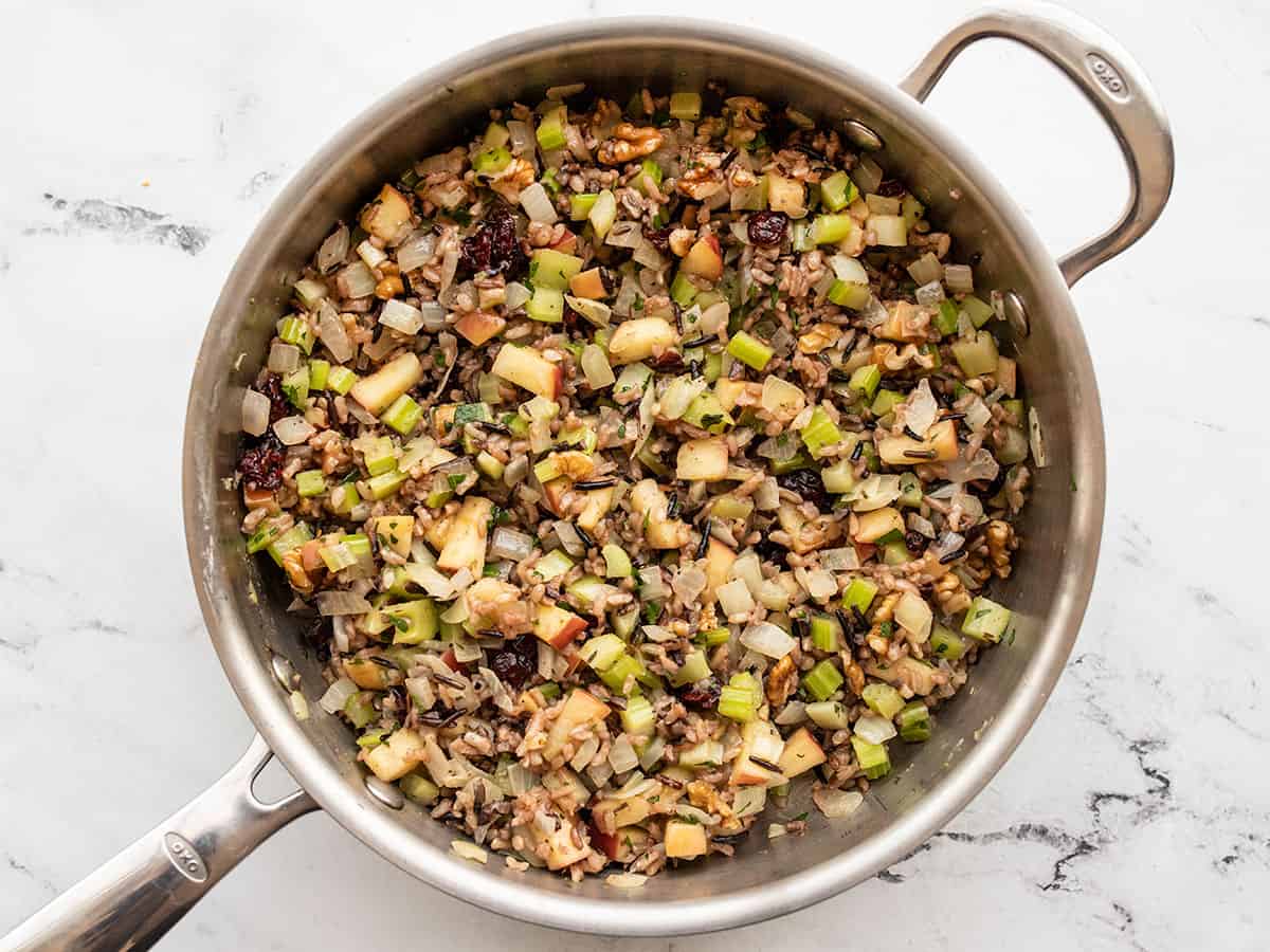 finished wild rice pilaf in the skillet
