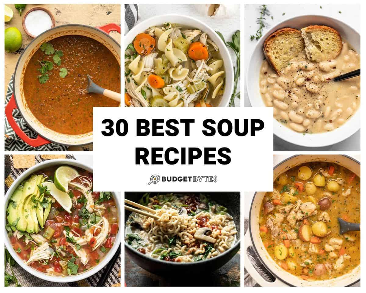 collage of six soup photos with title text in the center