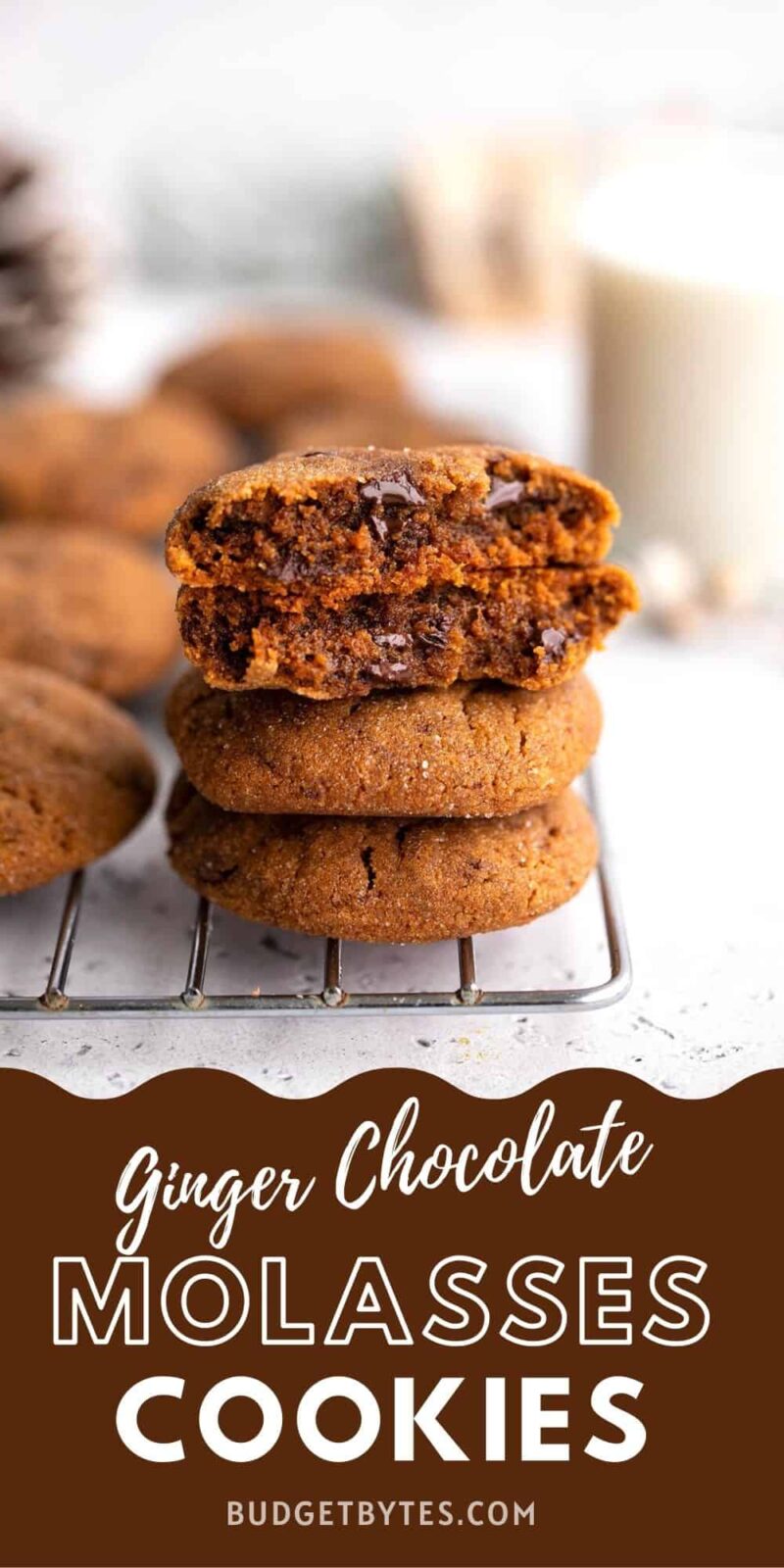 a stack of chocolate molasses cookies on a cooling rack, title text at the bottom