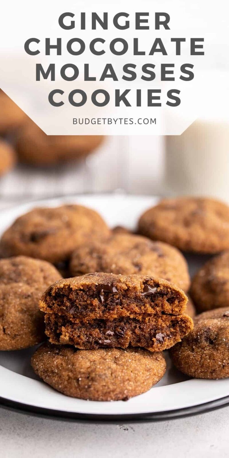 chocolate molasses cookies on a plate, title text at the top