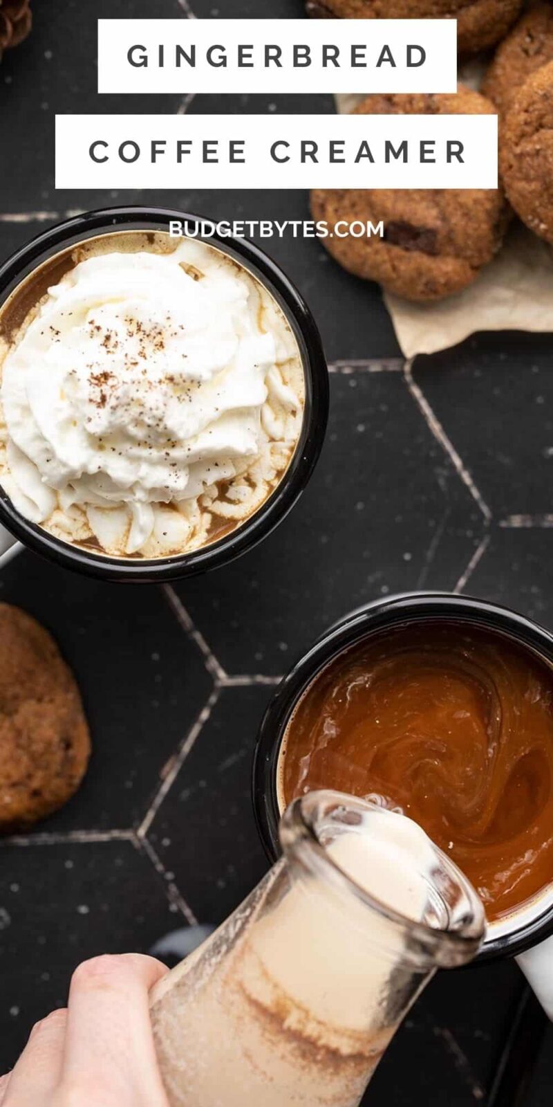 Gingerbread coffee creamer being poured into one mug, title text at the top