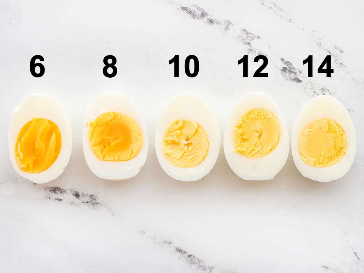 five hard boiled eggs cut in half lined up with numbers over top
