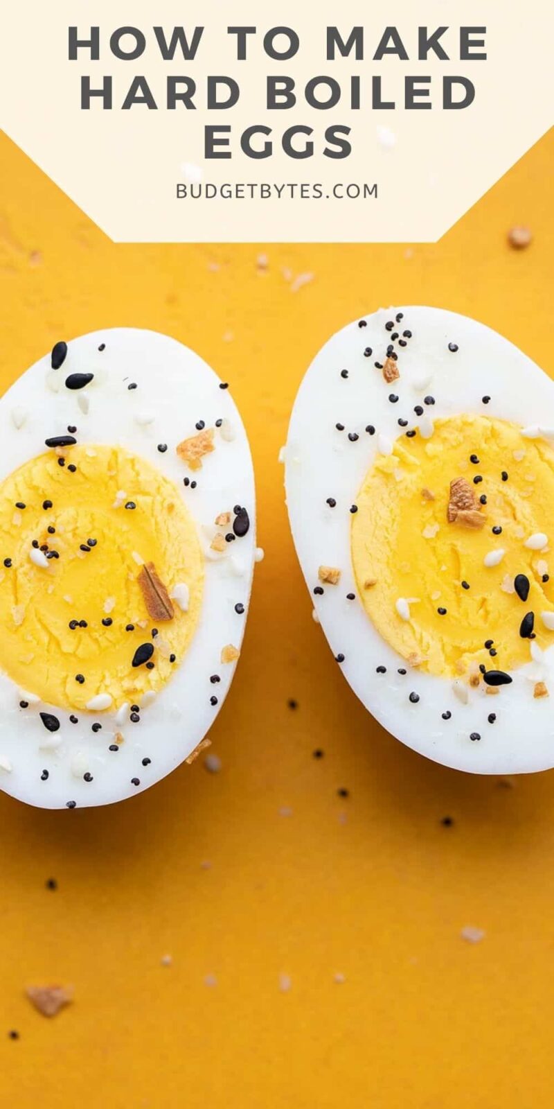 a hard boiled egg cut in half and sprinkled with everything bagel seasoning, title text at the top