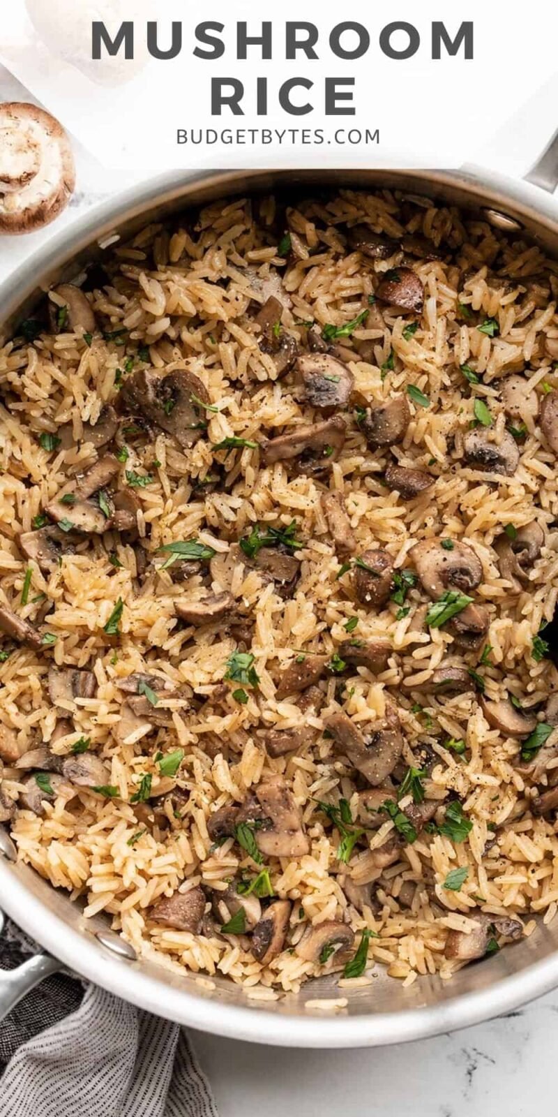 Mushroom rice in a skillet, title text at the top