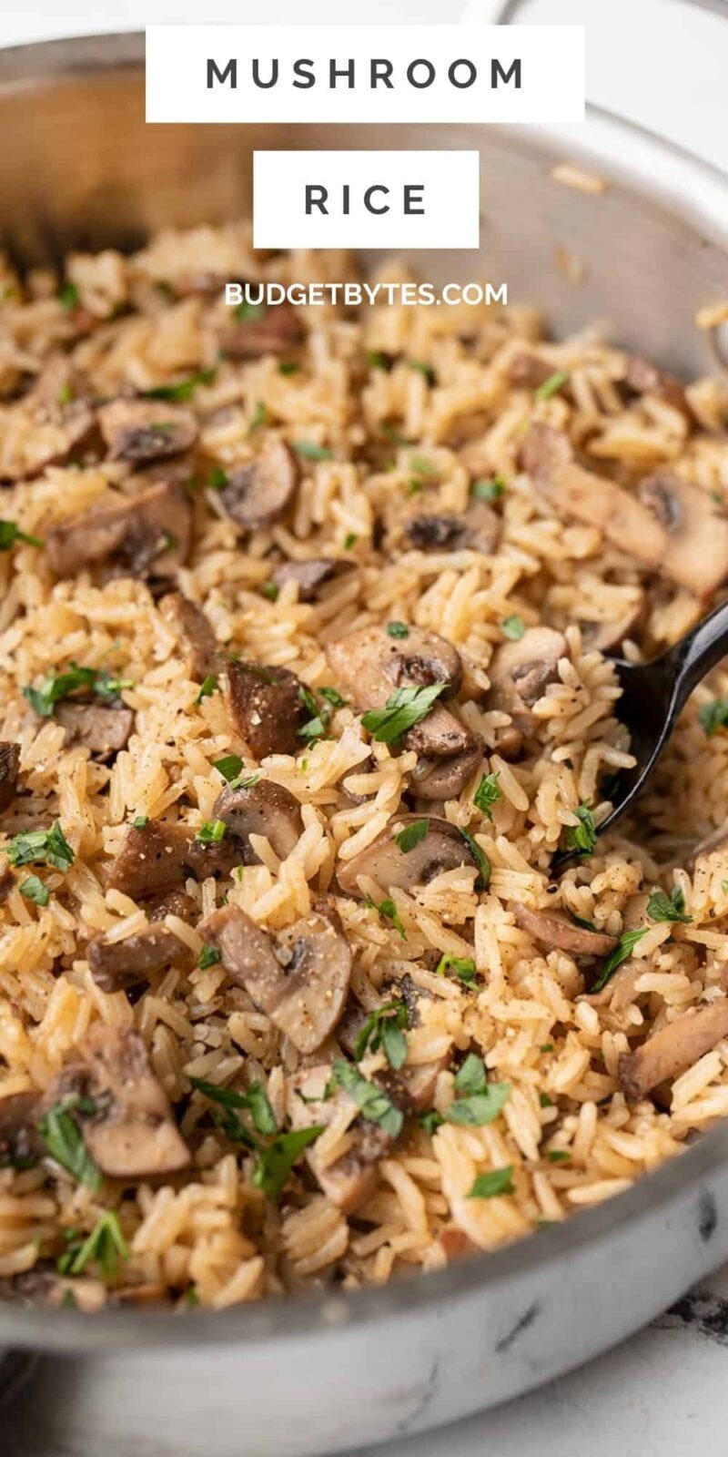 Side view of mushroom rice in a pan, title text at the top