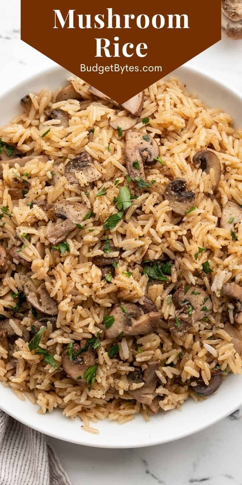 overhead view of a bowl full of mushroom rice, title text at the top