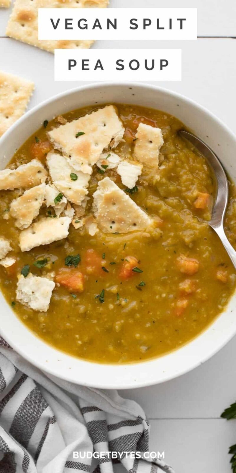 a bowl of split pea soup with crushed saltine crackers, title text at the top
