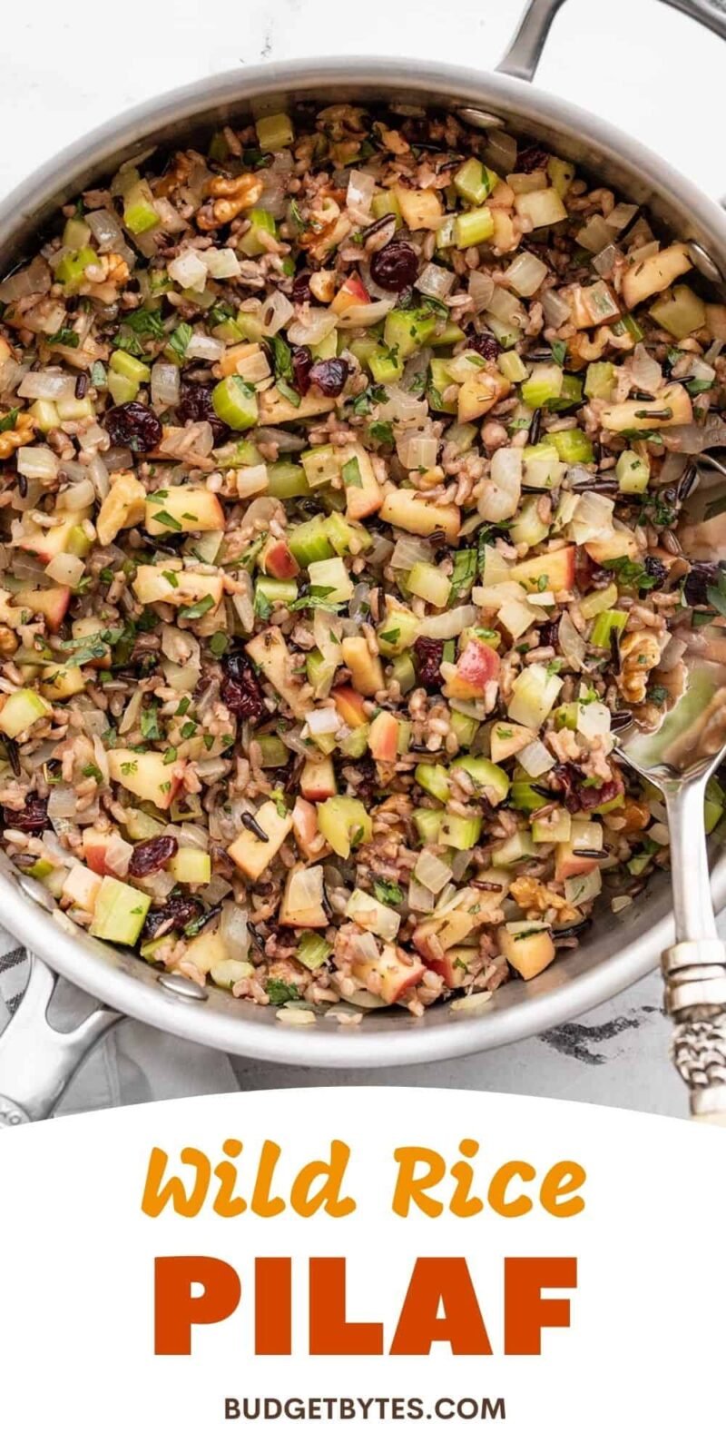 skillet full of wild rice pilaf, title text at the bottom