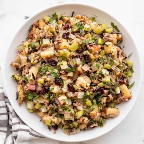 Overhead view of a bowl of wild rice pilaf