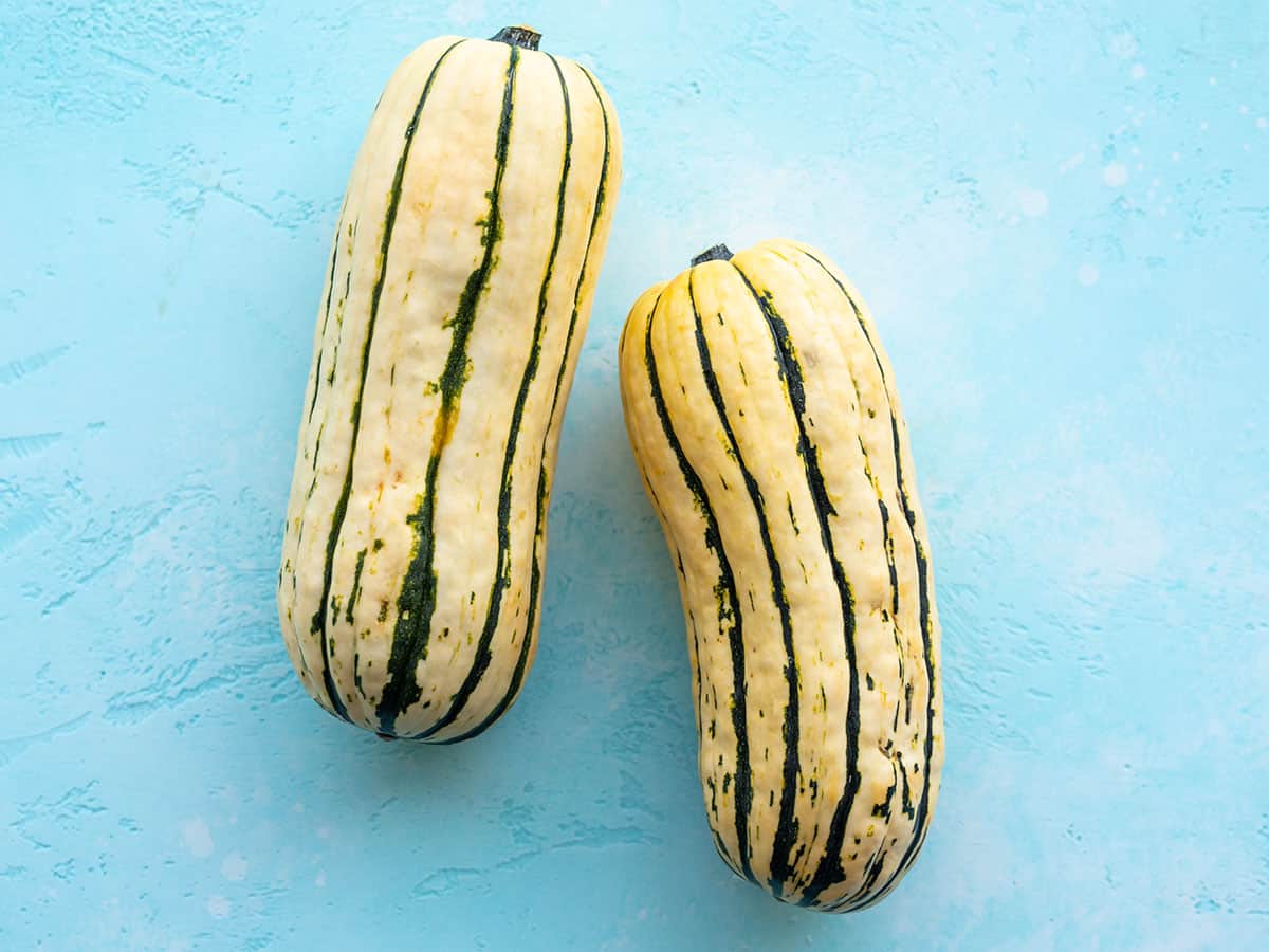 whole delicata squash on a blue background