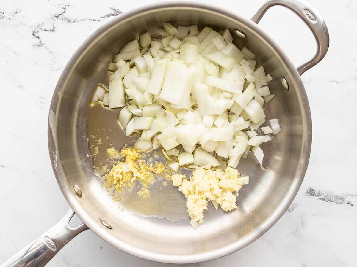 onion, garlic, and ginger in a skillet