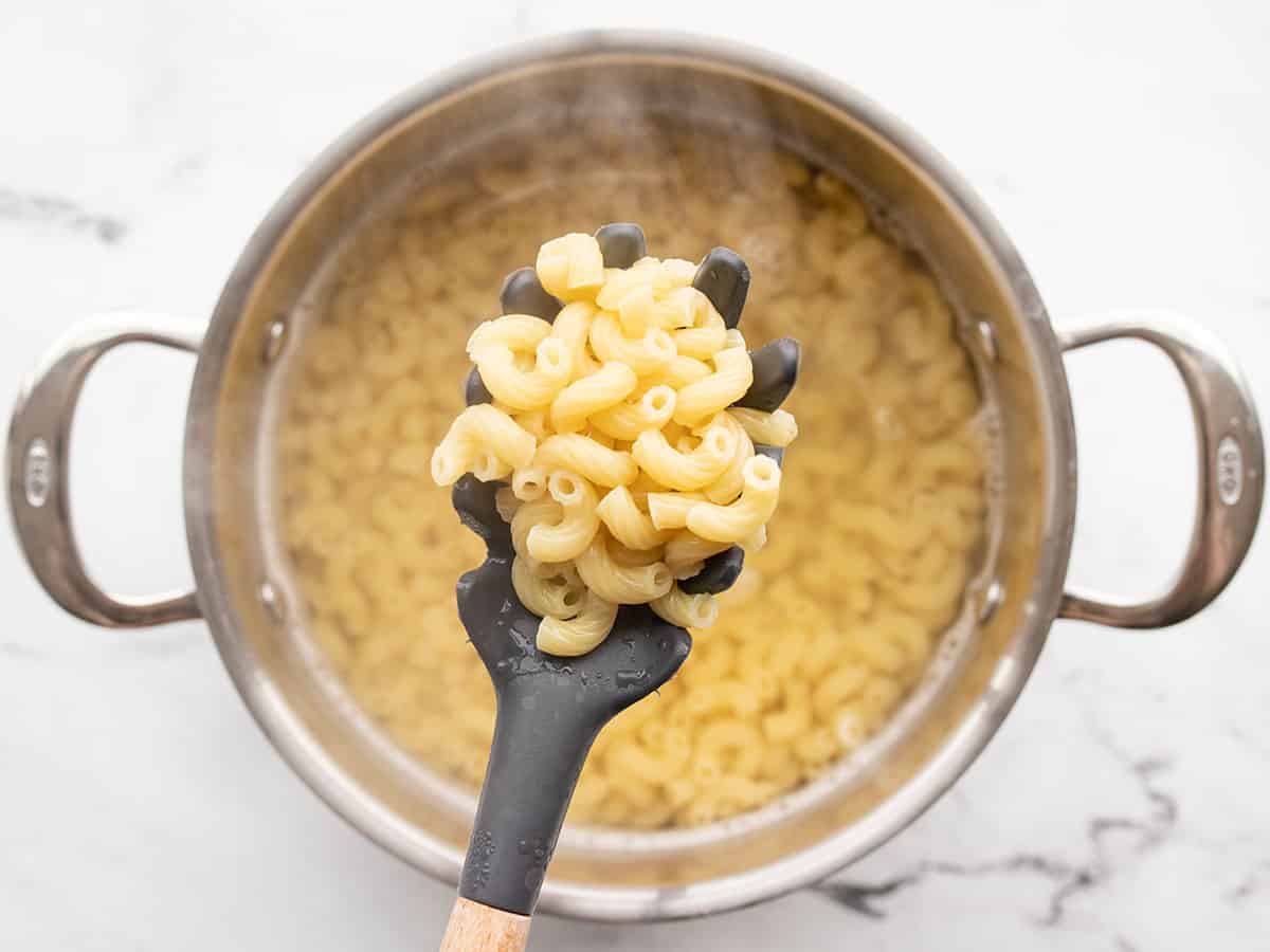 boiled macaroni held above the pot with a pasta spoon