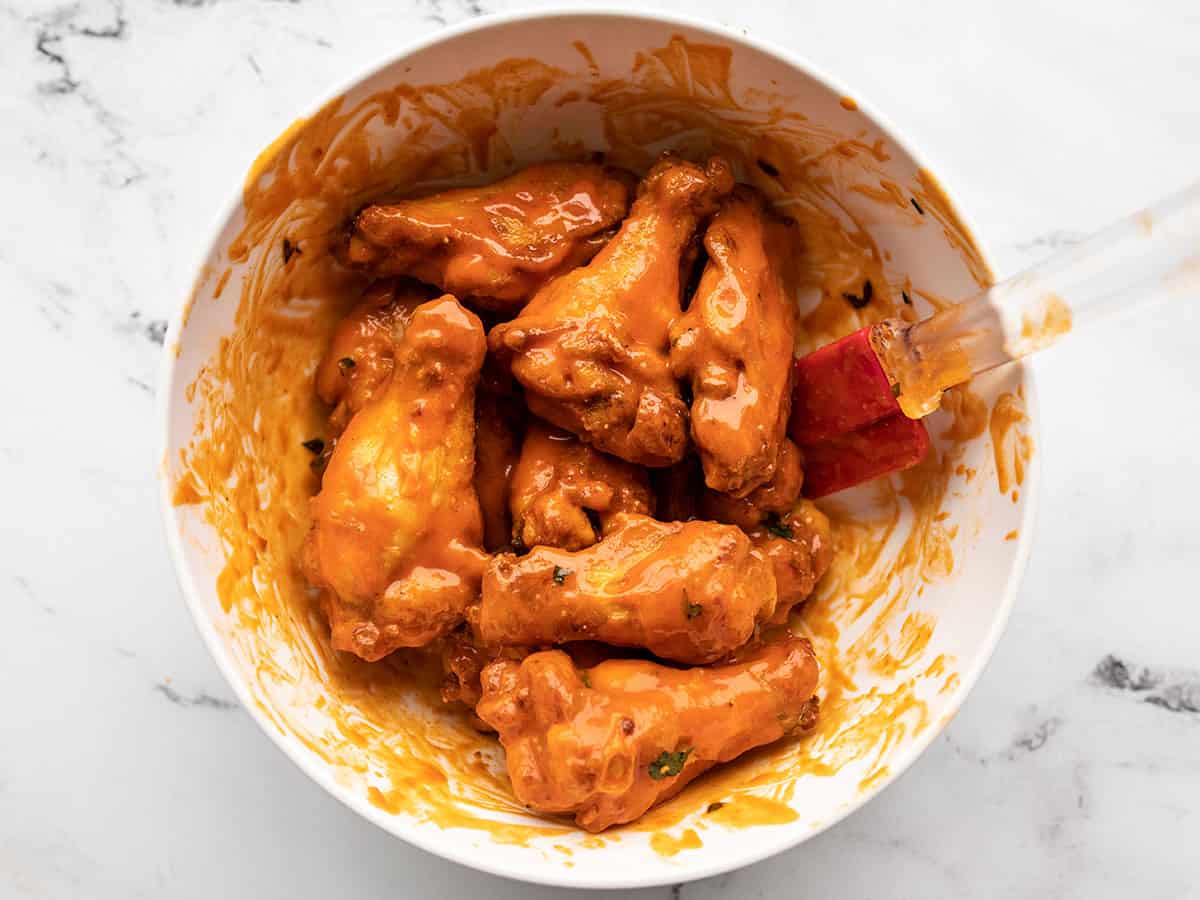Finished buffalo wings in a bowl