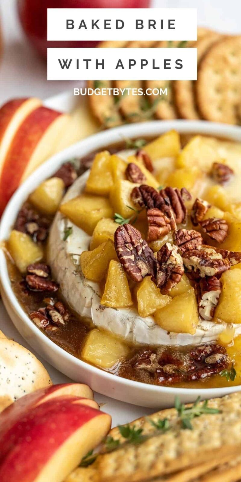 side view of baked brie with caramelized apples