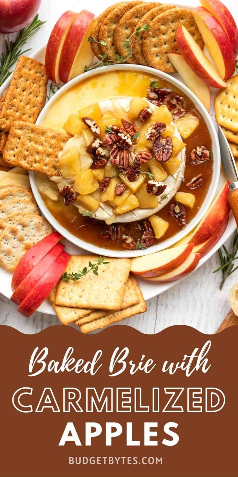 overhead view of baked brie with crackers, title text at the bottom